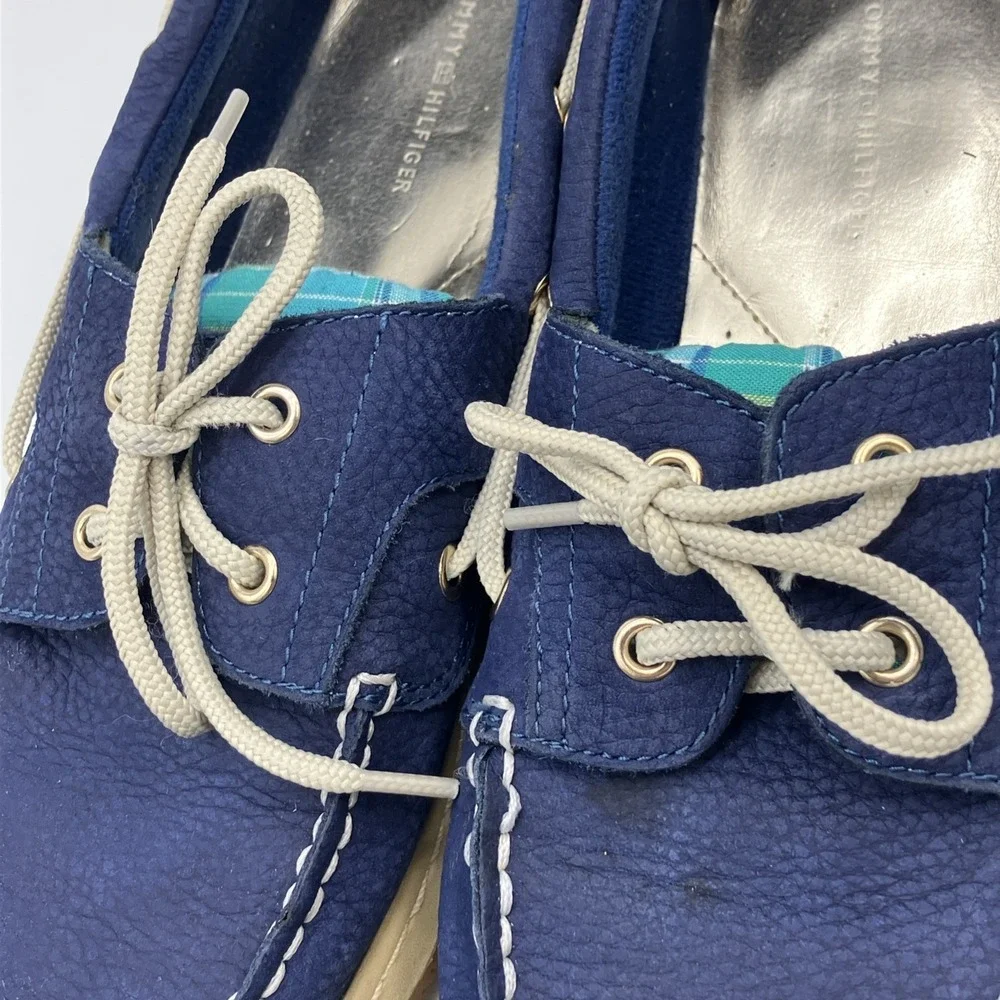 Tommy Hilfiger Navy Blue Plaid Boat Shoes‎ Womens 9.5 M Nautical Yacht Preppy